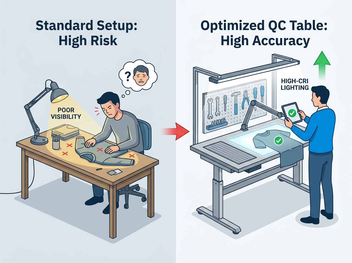 Features of an industrial garment quality control table