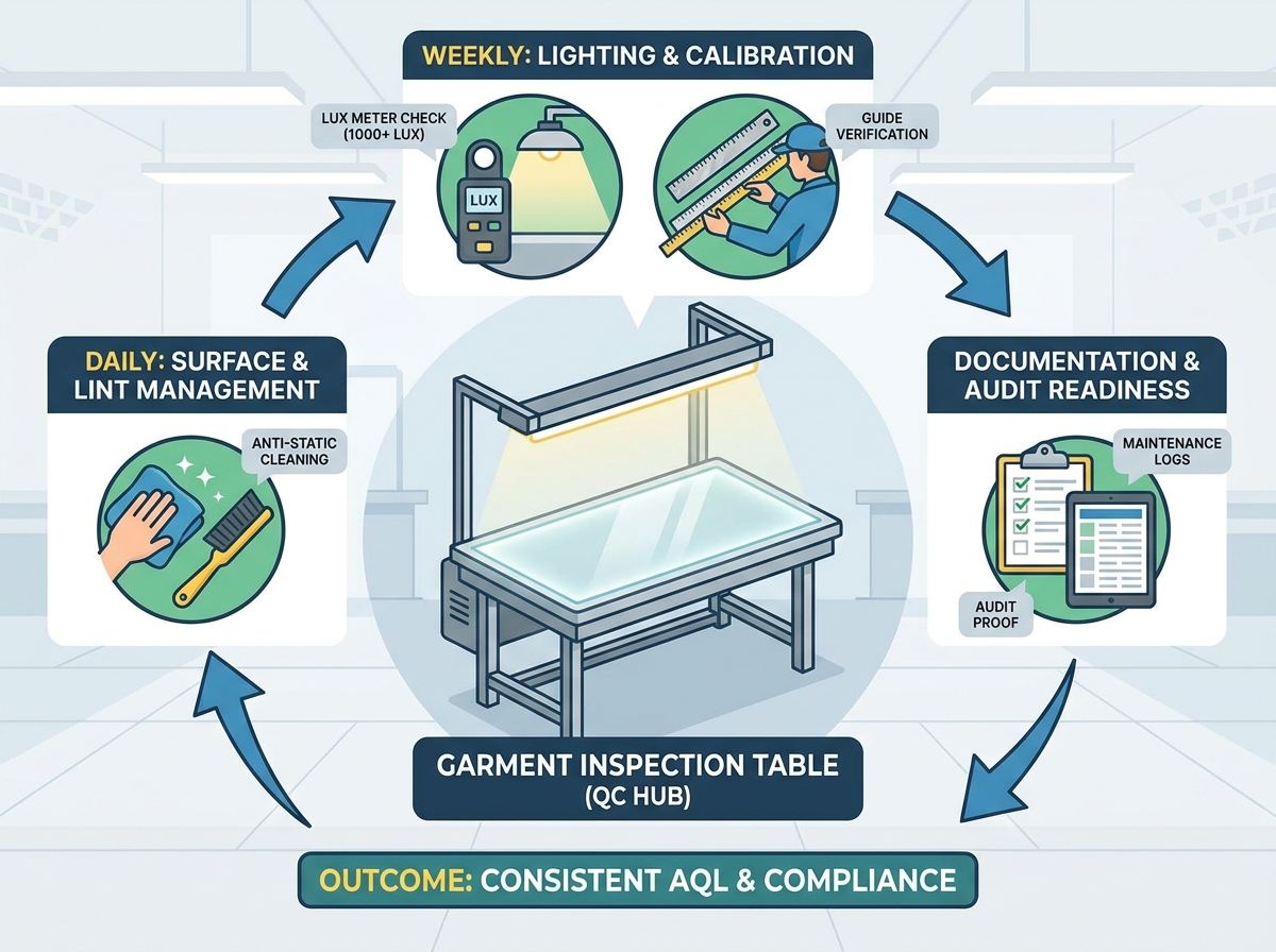 Quality inspection table lighting calibration and maintenance