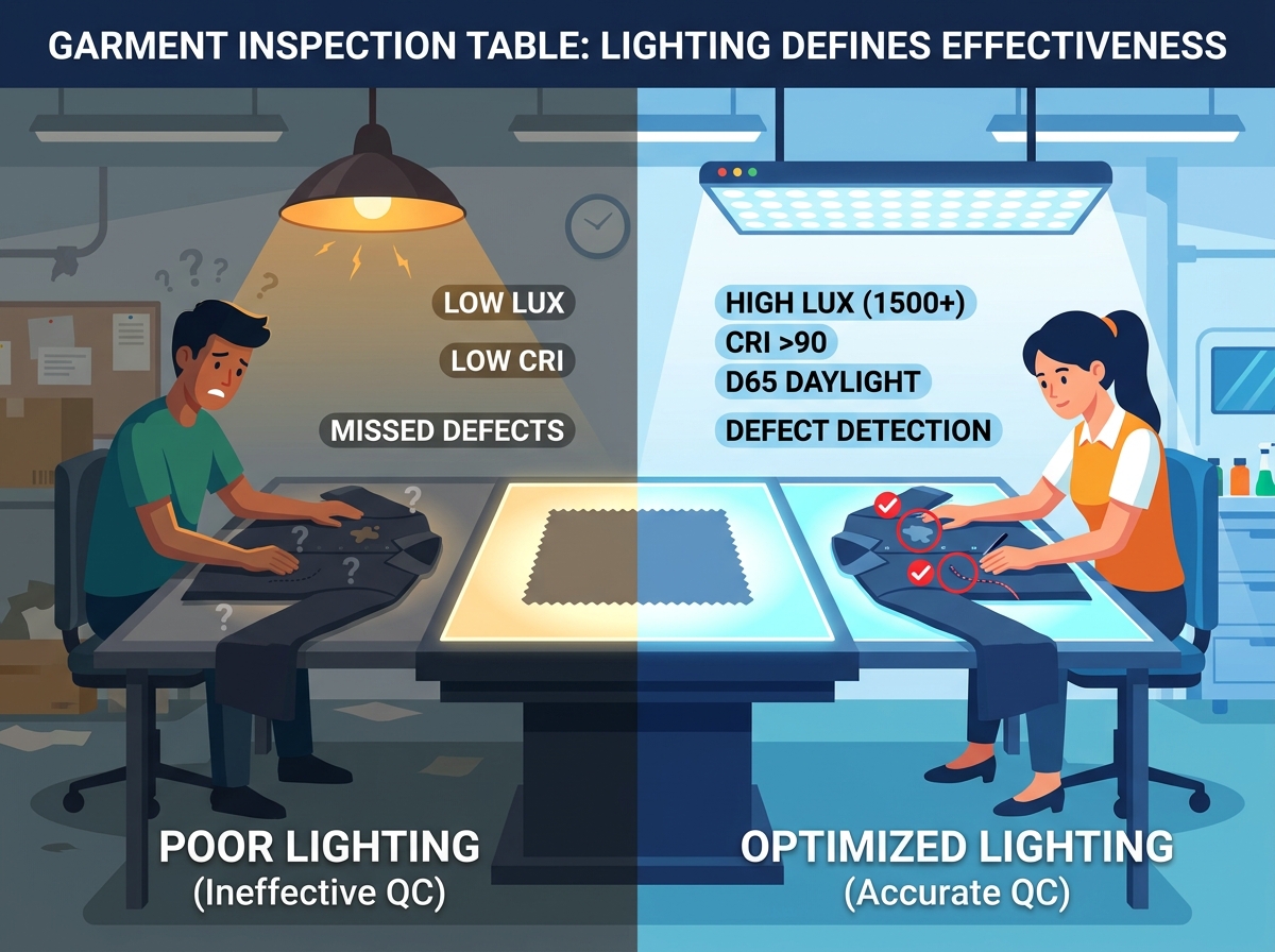 Industrial Garment Quality Control Table with Proper Lighting