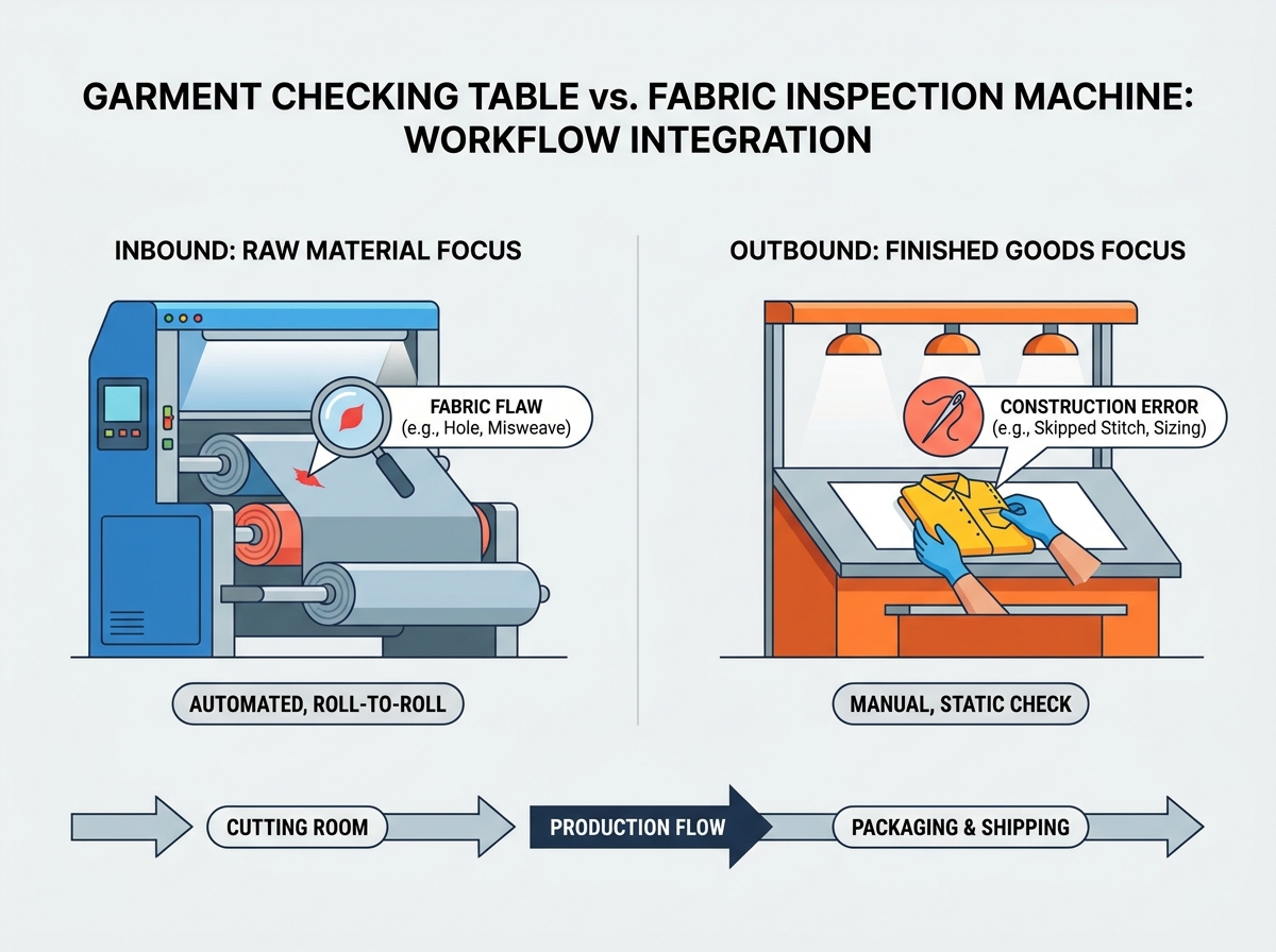 Industrial quality control checking station on apparel factory floor