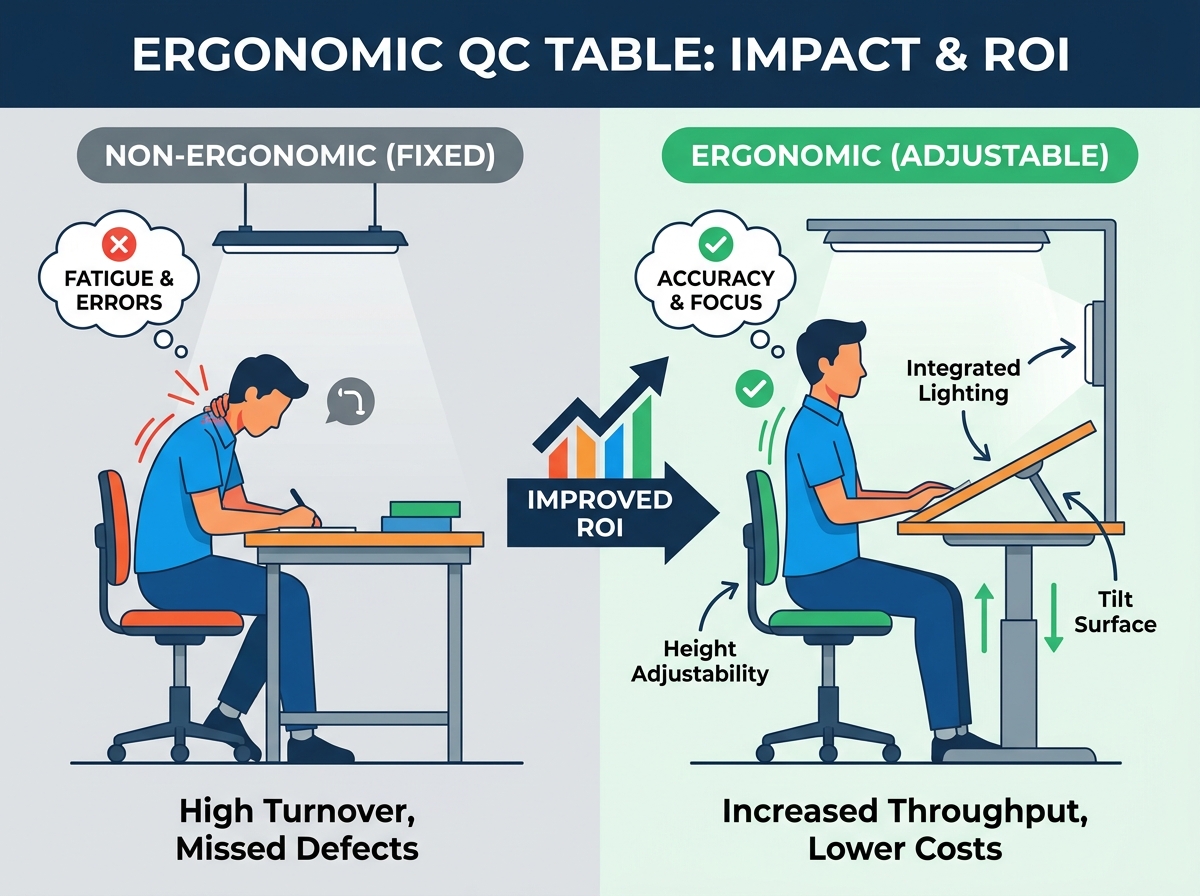 Ergonomic QC table setup in a garment manufacturing facility