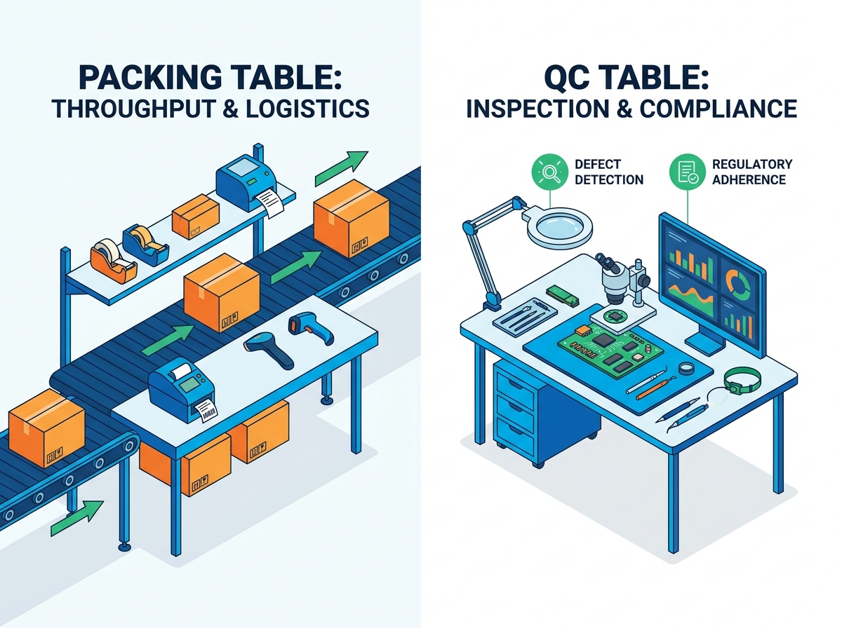 Industrial workstation comparison showing structural differences between testing and fulfillment setups